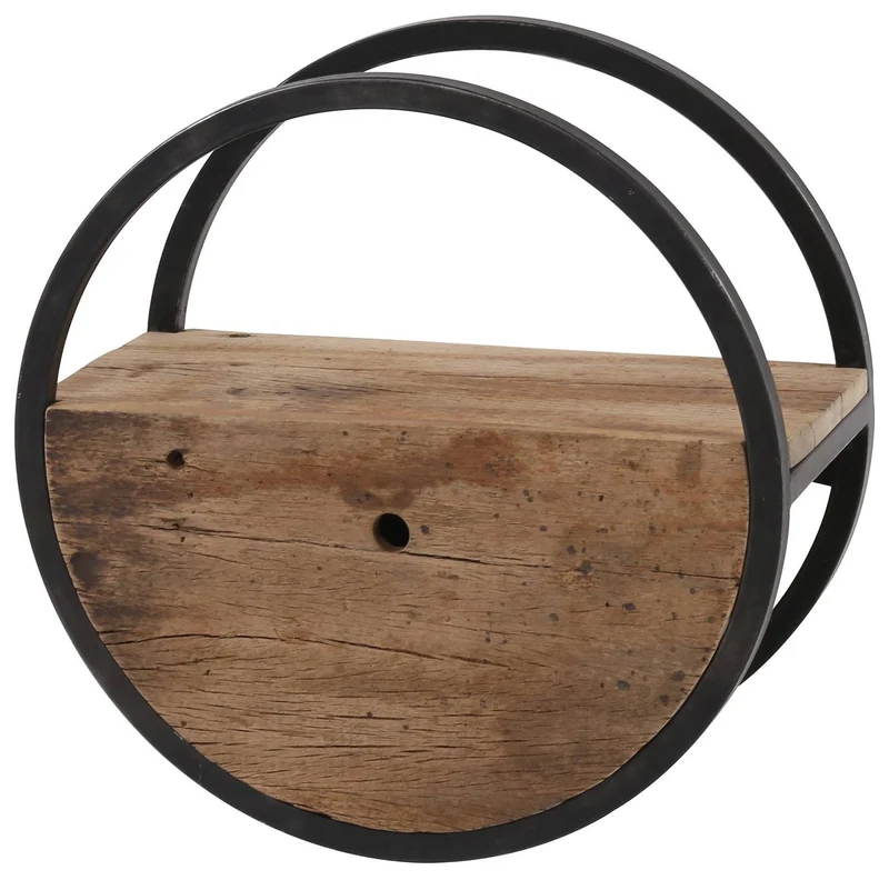Wandregal OUD 50 rund Stahlrahmen Hartholz Altholz mit Schublade