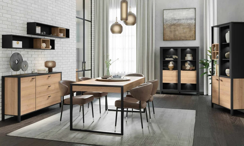 Esszimmer HIGH ROCK 6-tlg mit Beleuchtung Riviera Eiche Optik /Schwarz