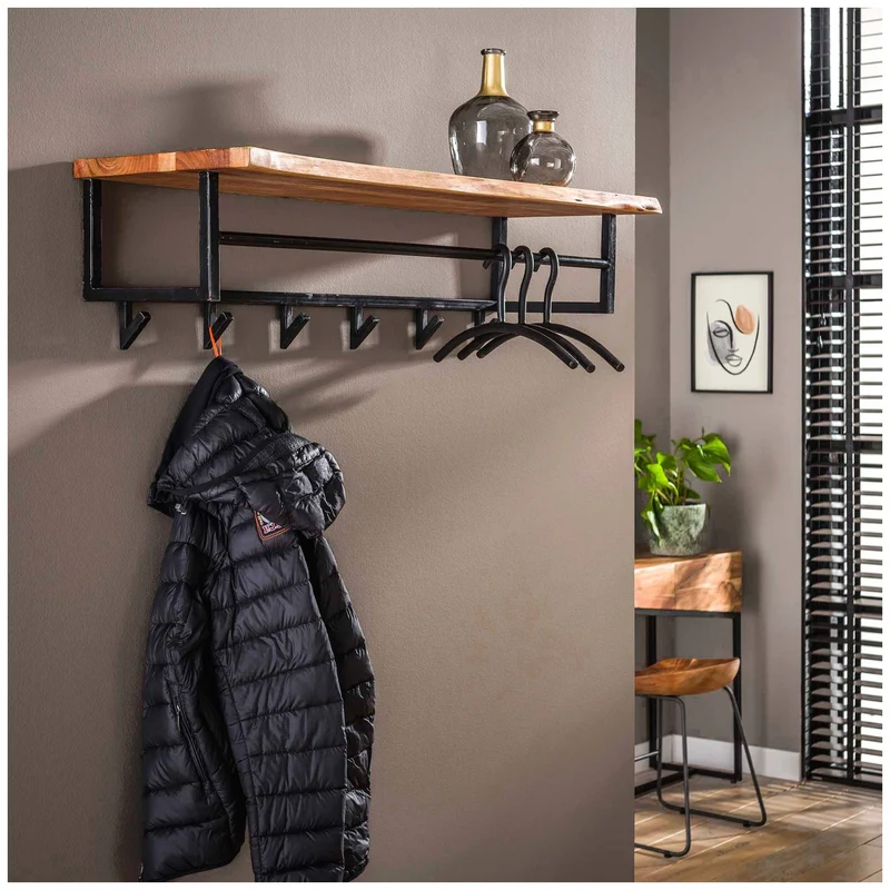 Wandgarderobe KANT Akazie massiv mit Baumkante und Stahl