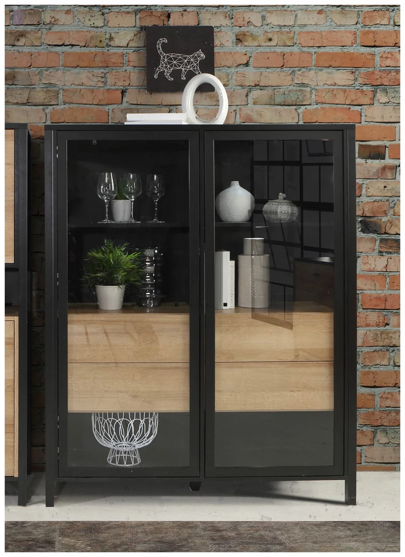 Highboard Vitrine HIGH ROCK 2-trg. Riviera Eiche Optik / Schwarz Forte