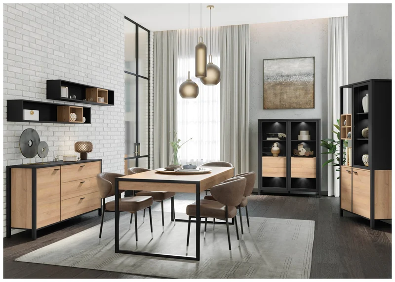 Highboard Vitrine HIGH ROCK 2-trg. Riviera Eiche Optik / Schwarz Forte