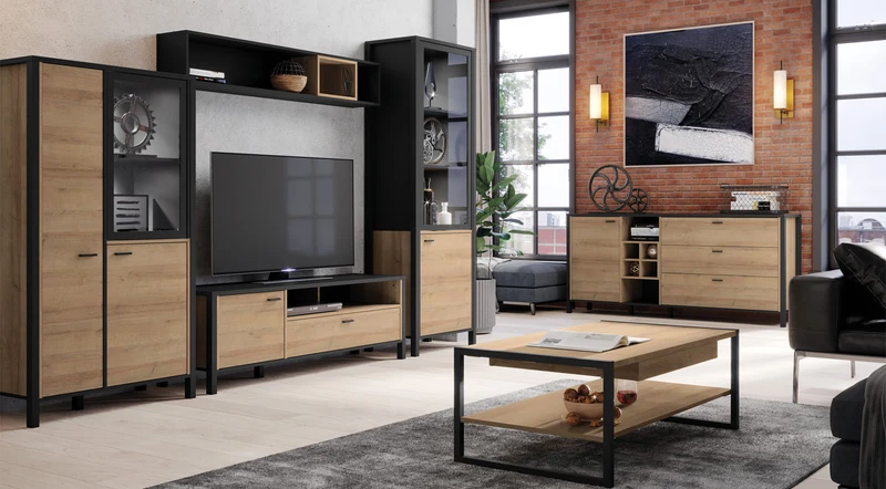 Highboard HIGH ROCK 3 Türen Riviera Eiche Optik / Schwarz, von Forte