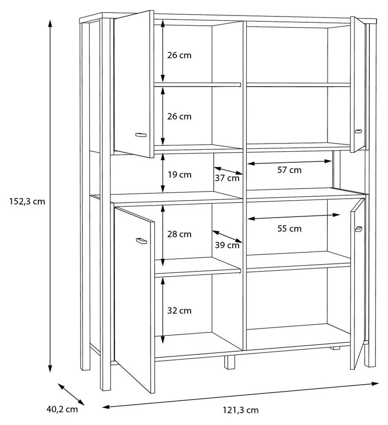 Highboard Schrank HIGH ROCK 4-trg. Riviera Eiche Optik / Schwarz Forte