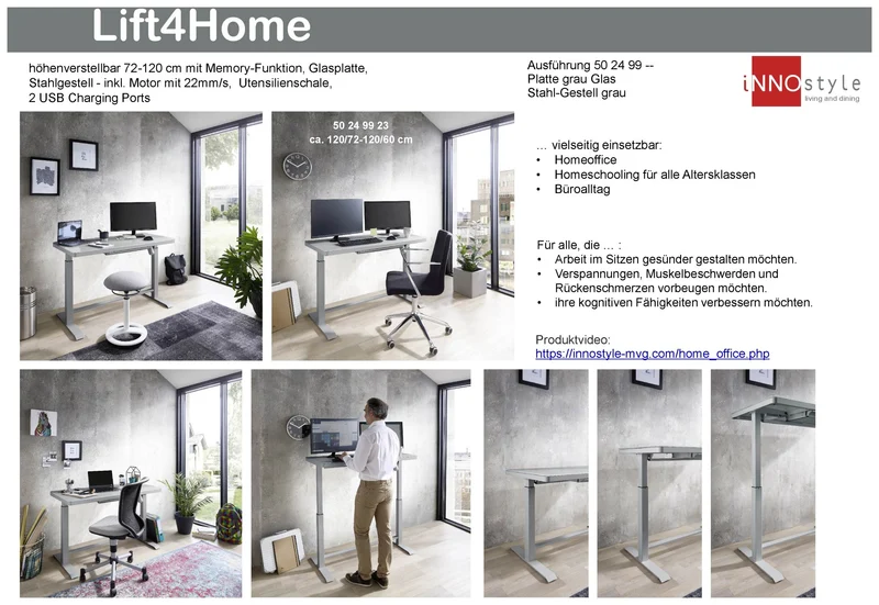 Höhenverstellbarer Schreibtisch elektrisch LIFT4HOME grau mit USB