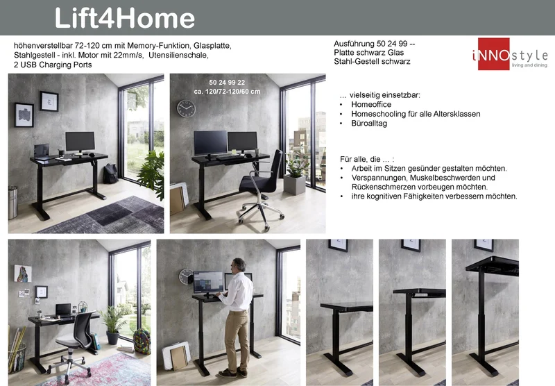 Höhenverstellbarer Schreibtisch elektrisch LIFT4HOME in schwarz mit USB