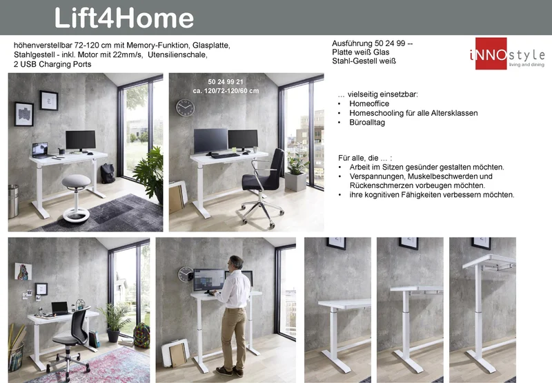 Höhenverstellbarer Schreibtisch elektrisch LIFT4HOME in weiß mit USB