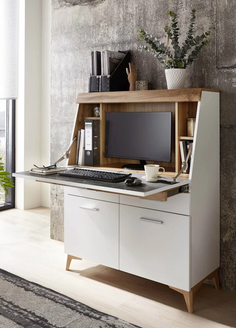 SECRET - Sekretär Weiß mit Eiche Altholz mit Platz für einen Monitor