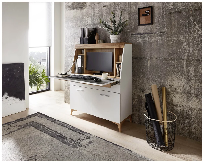 SECRET - Sekretär Weiß mit Eiche Altholz mit Platz für einen Monitor