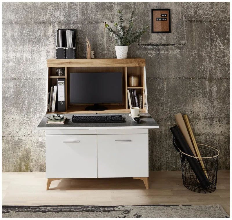 SECRET - Sekretär Weiß mit Eiche Altholz mit Platz für einen Monitor