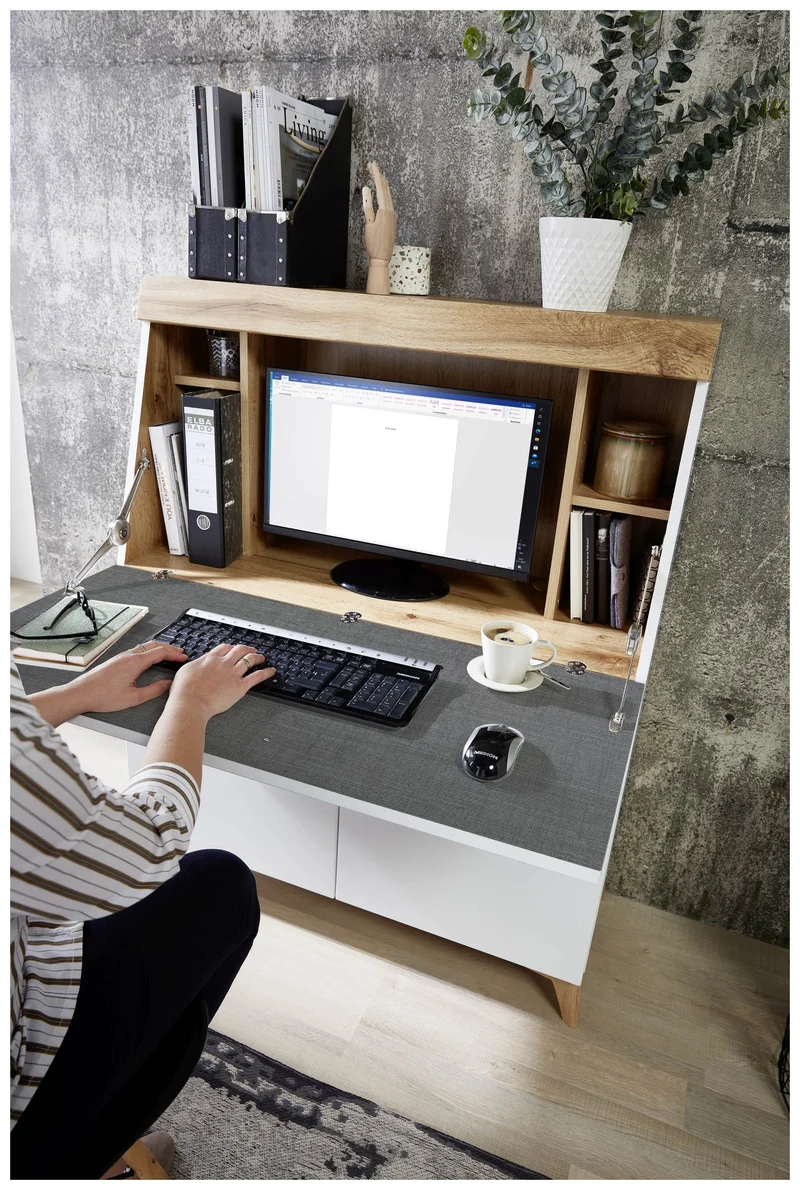 SECRET - Sekretär Weiß mit Eiche Altholz mit Platz für einen Monitor