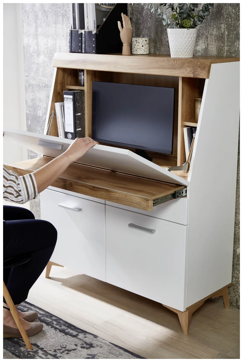 SECRET - Sekretär Weiß mit Eiche Altholz mit Platz für einen Monitor