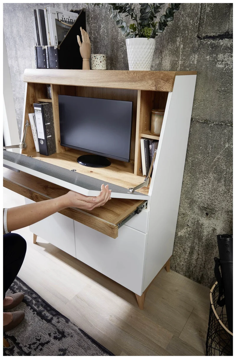 SECRET - Sekretär Weiß mit Eiche Altholz mit Platz für einen Monitor