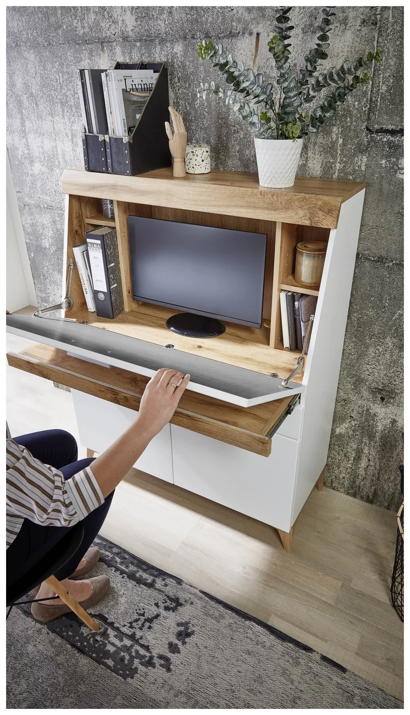 SECRET - Sekretär Weiß mit Eiche Altholz mit Platz für einen Monitor