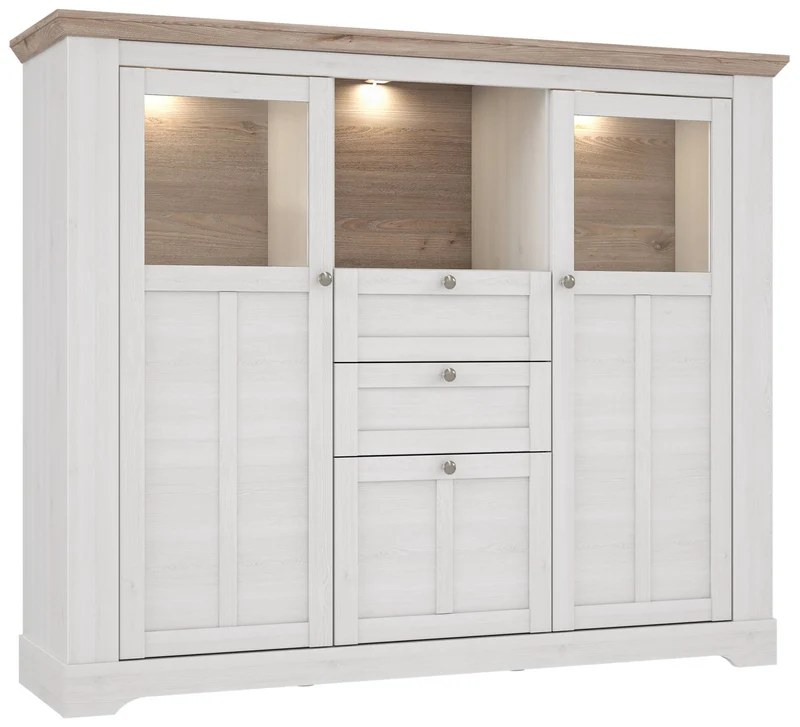 Highboard Vitrine ILOPPA 3-trg. 2 Schubladen Optik: Schneeeiche, Forte