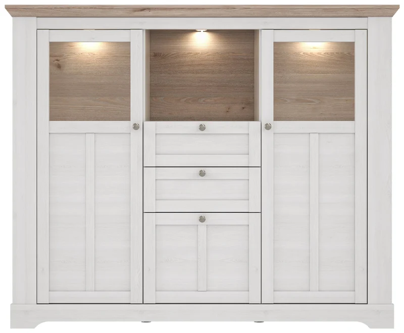 Highboard Vitrine ILOPPA 3-trg. 2 Schubladen Optik: Schneeeiche, Forte