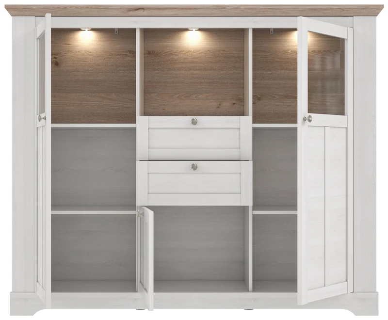 Highboard Vitrine ILOPPA 3-trg. 2 Schubladen Optik: Schneeeiche, Forte