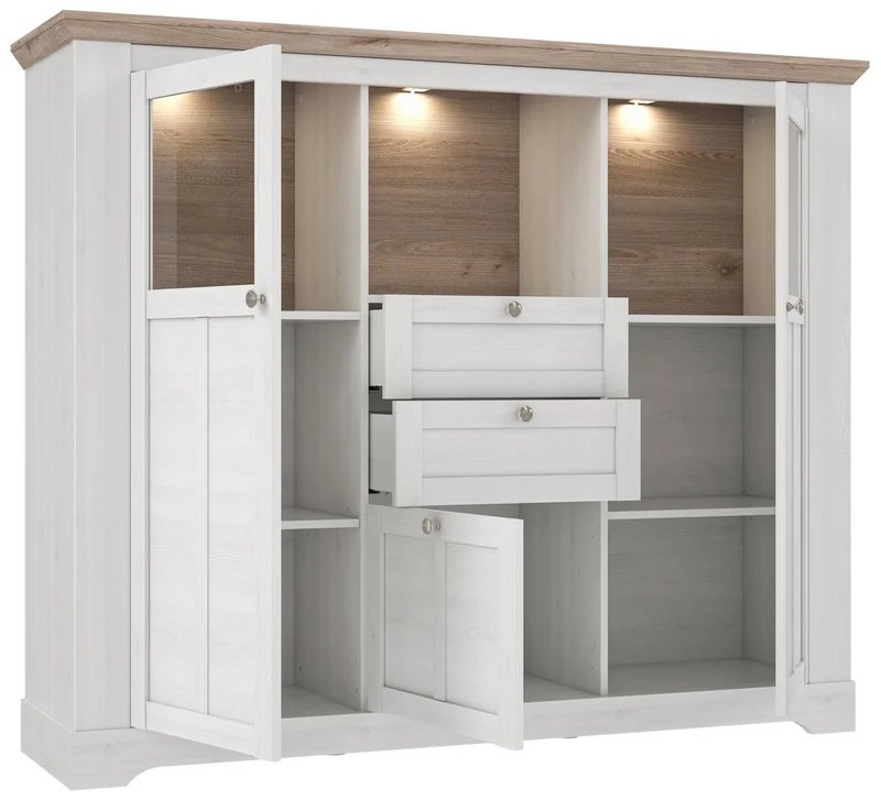 Highboard Vitrine ILOPPA 3-trg. 2 Schubladen Optik: Schneeeiche, Forte