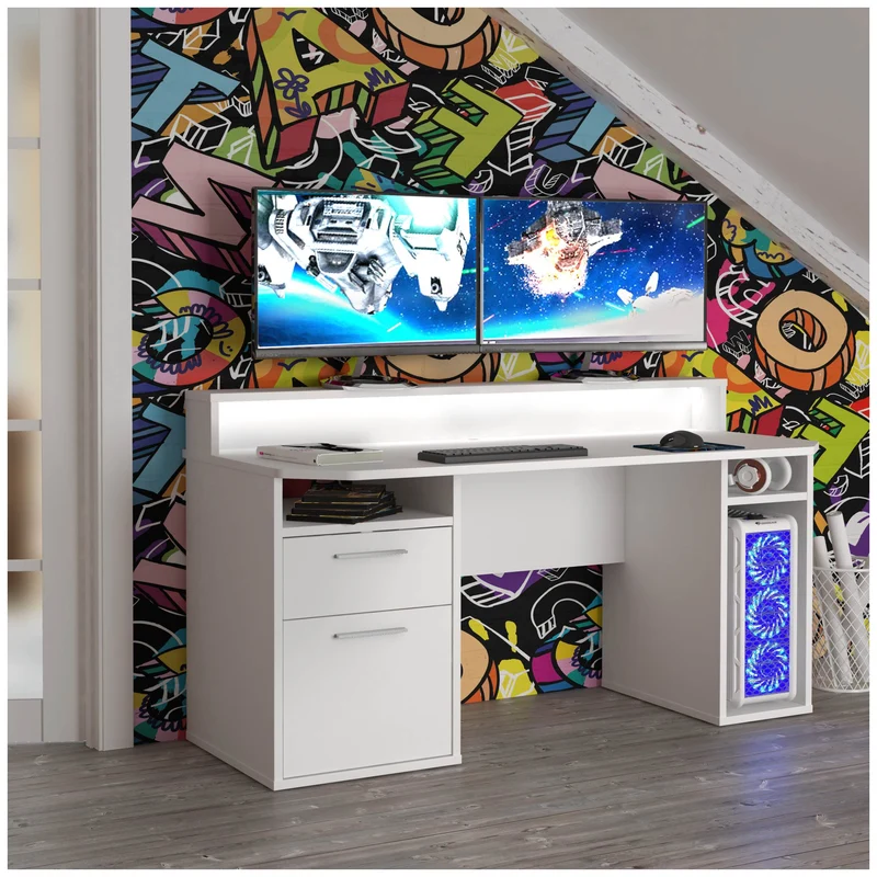 Gaming Tisch TEZAUR 3B Gamer Computertisch Weiß mit LED-Beleuchtung