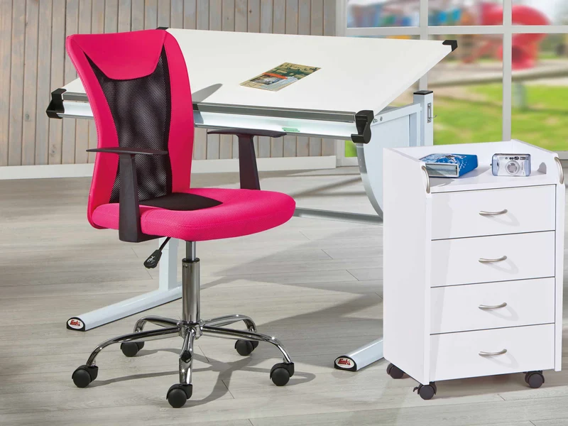 Kinderschreibtisch MILO weiß, Drehstuhl Donny Pink und Rollcontainer