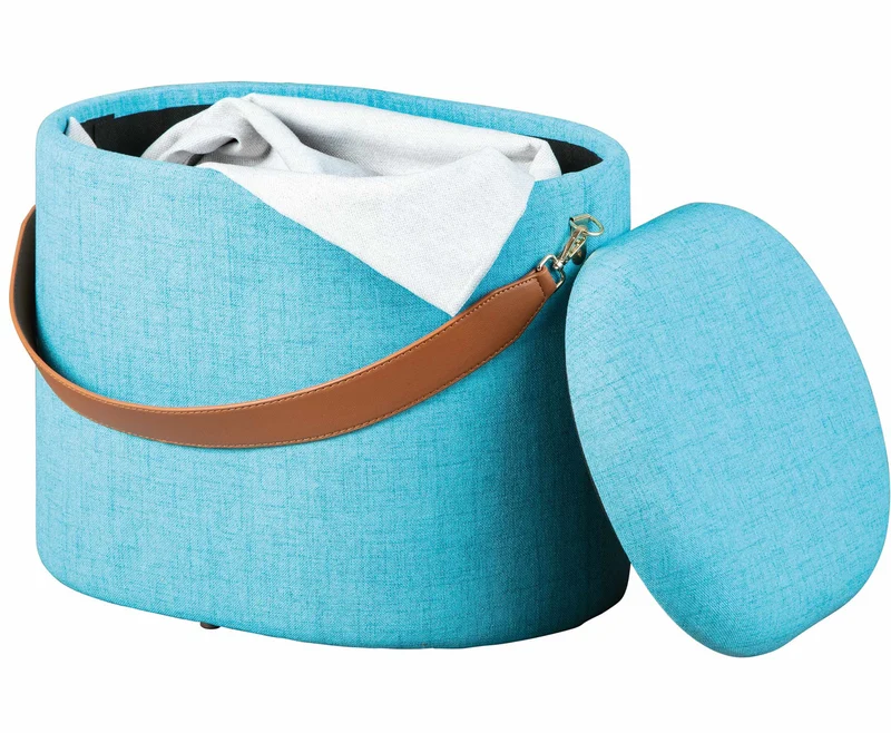 Polsterhocker Hocker DILIA mit Stoffbezug in Blau und Trageband