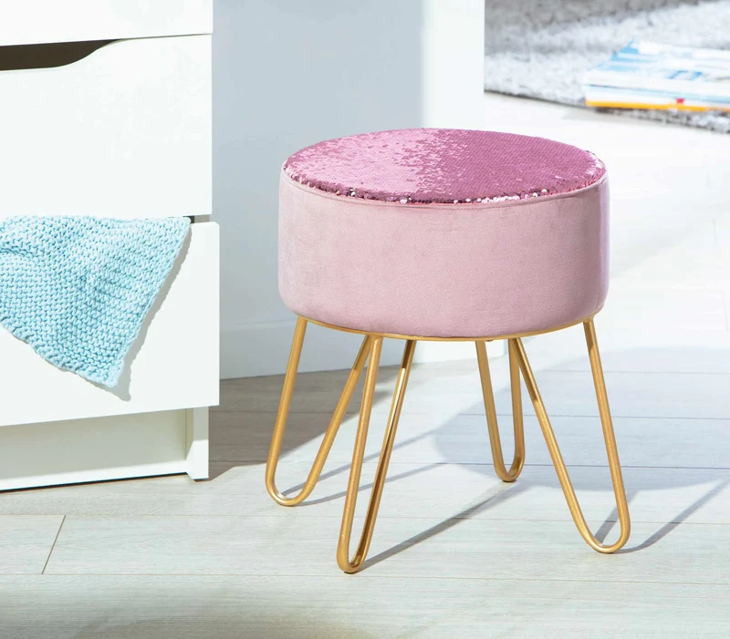Polsterhocker Hocker BELIZE mit Samt und Wendepailletten in Rosa