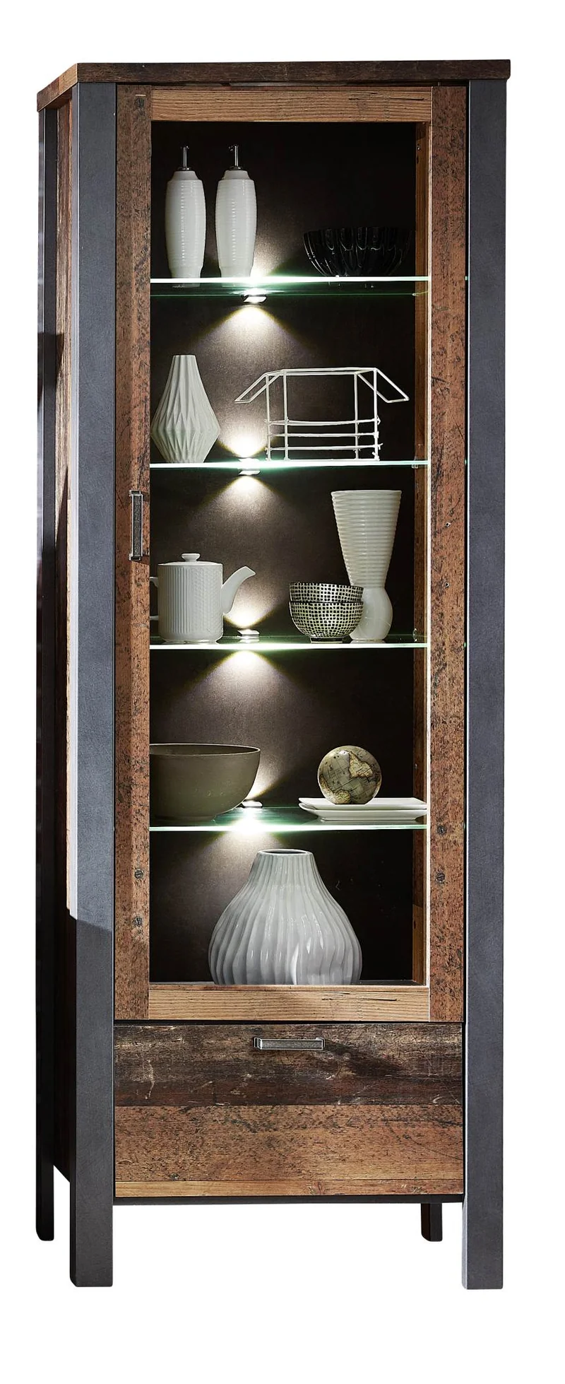 Vitrine CARDIFF 1-türig mit LED Beleuchtung - Vintage Style Mix dark