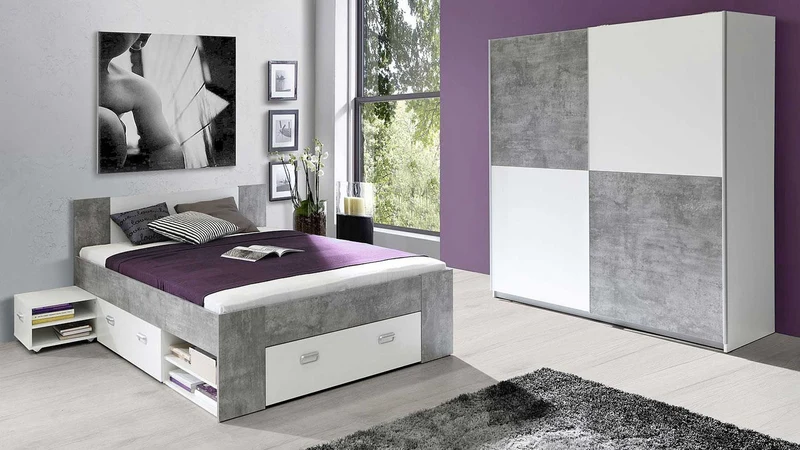 Jugendzimmer WINBOB Bett und Kleiderschrank Weiß / Beton Optik, Forte