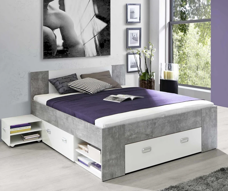 Jugendzimmer WINBOB Bett und Kleiderschrank Weiß / Beton Optik, Forte