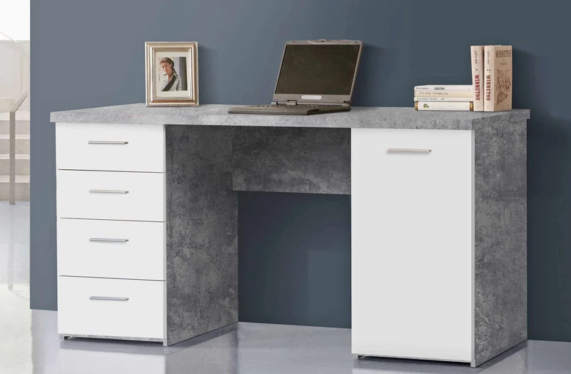 Schreibtisch NETBOB, 1-trg, 4 Schubladen, Beton Optik / Weiß von Forte