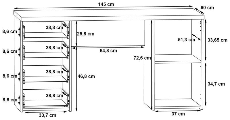 Schreibtisch NETBOB, 1-trg, 4 Schubladen, Beton Optik / Weiß von Forte