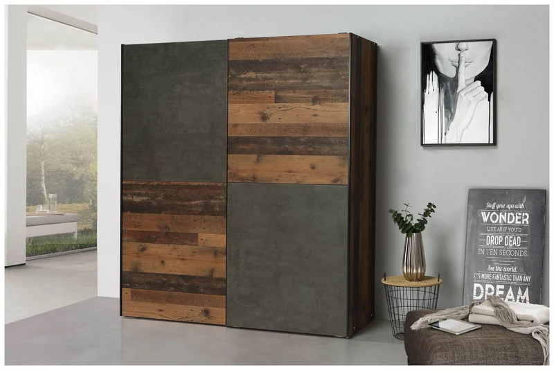 Schwebetürenschrank Kleiderschrank DEDERIK 170x190 cm Old Wood Vintage