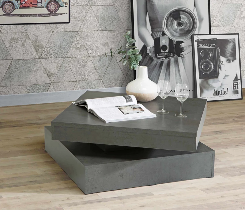 Couchtisch TURN Platte drehbar 78 x 78 cm Betonoptik dunkelgrau, Forte