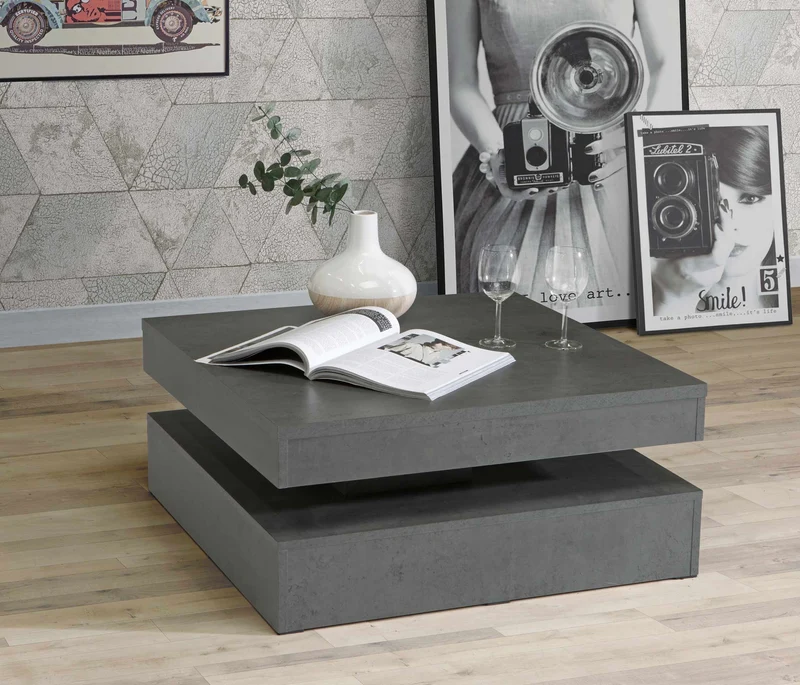 Couchtisch TURN Platte drehbar 78 x 78 cm Betonoptik dunkelgrau, Forte