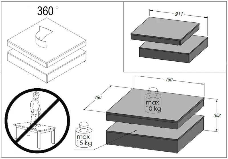 Couchtisch TURN Platte drehbar 78 x 78 cm Betonoptik dunkelgrau, Forte