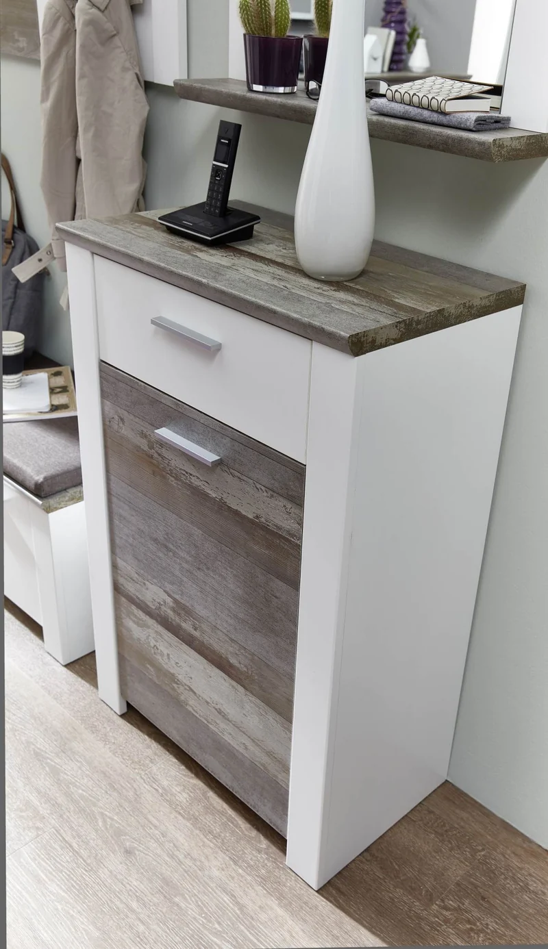 Schuhschrank MATEO 68 cm - Weiß mit Driftwood Nachbildung