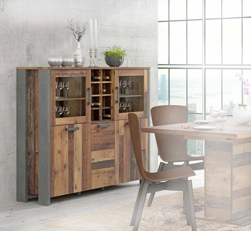 Highboard Vitrine CLIF 5-trg. Optik: Old Wood Vintage von Forte