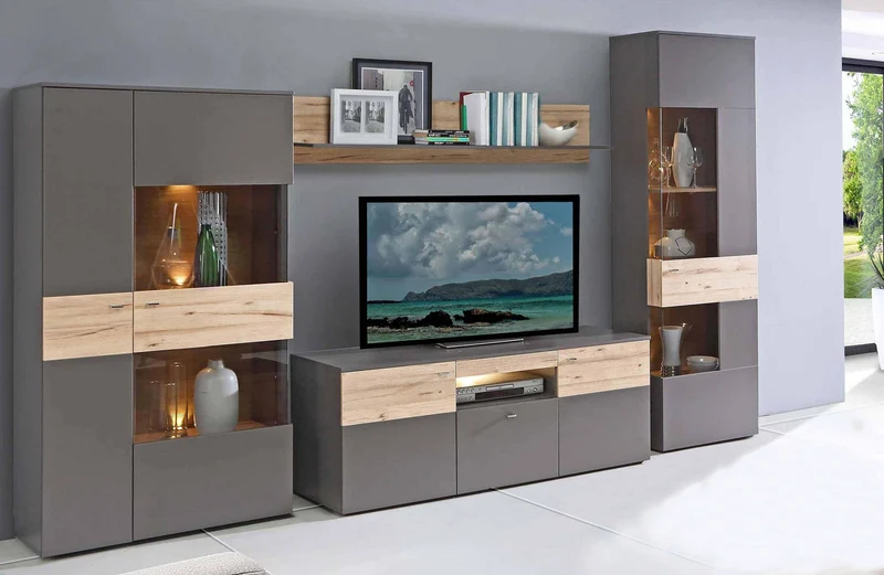 Wohnzimmerschrank COMO rechts 4-tlg. Grau/Planked Eiche mit LED