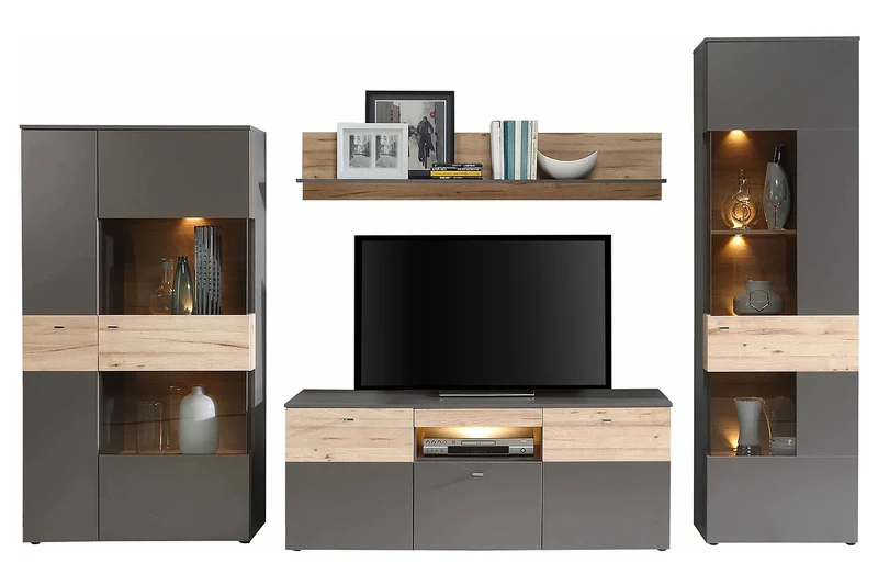 Wohnzimmerschrank COMO rechts 4-tlg. Grau/Planked Eiche mit LED