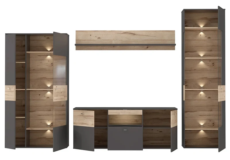 Wohnzimmerschrank COMO rechts 4-tlg. Grau/Planked Eiche mit LED