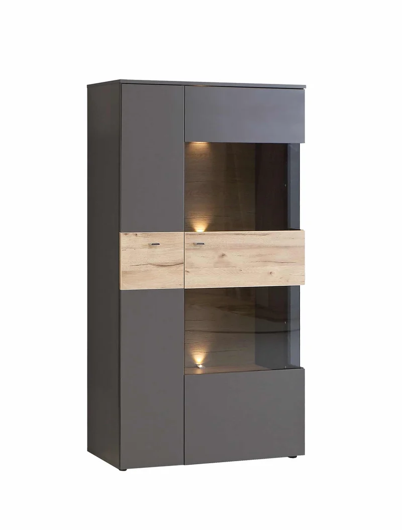 Wohnzimmerschrank COMO rechts 4-tlg. Grau/Planked Eiche mit LED