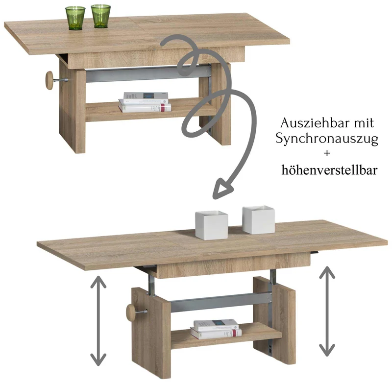 Couchtisch EVENT höhenverstellbar ausziehbar Optik: Sonoma Eiche