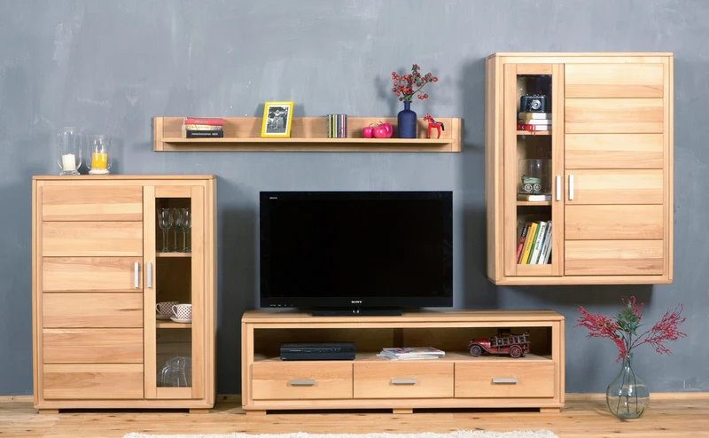 Wohnzimmerschrank Genf Set X, Kernbuche massiv geölt, 4-teilig