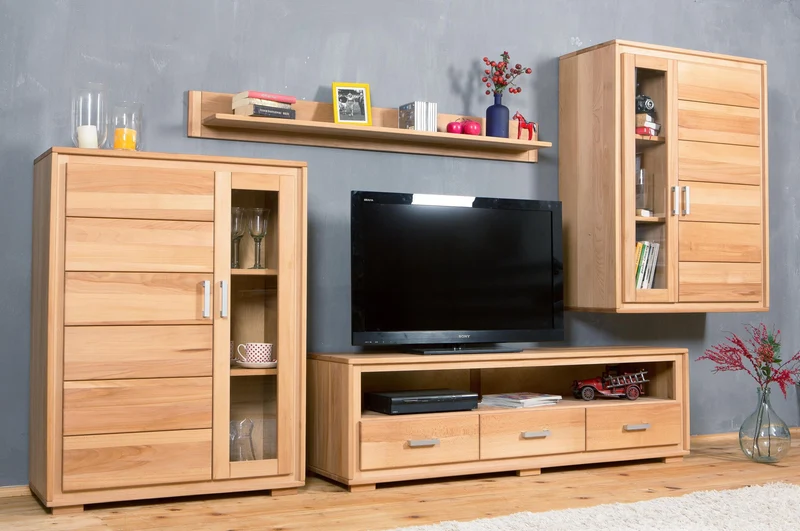 Wohnzimmerschrank Genf Set X, Kernbuche massiv geölt, 4-teilig