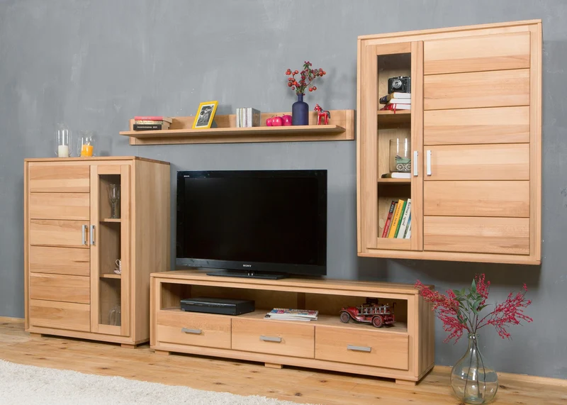 Wohnzimmerschrank Genf Set X, Kernbuche massiv geölt, 4-teilig