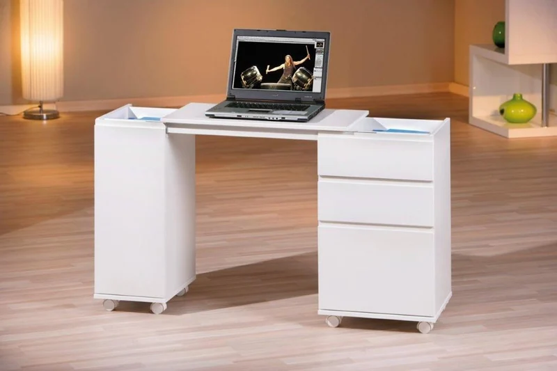 Laptop Office Schreibtisch weiß 3 Schubläden 1 Tür rollbar