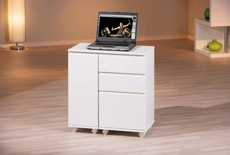 Laptop Office Schreibtisch weiß 3 Schubläden 1 Tür rollbar