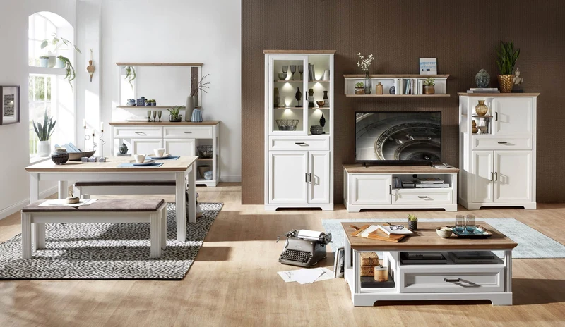 Wohnzimmerschrank JASMIN UH82 4-tlg. Pinie weiß im Landhausstil