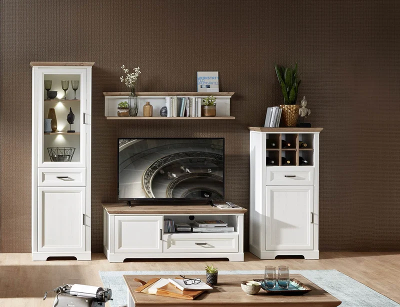 Wohnzimmerschrank JASMIN UH81 4-tlg. Pinie weiß im Landhausstil