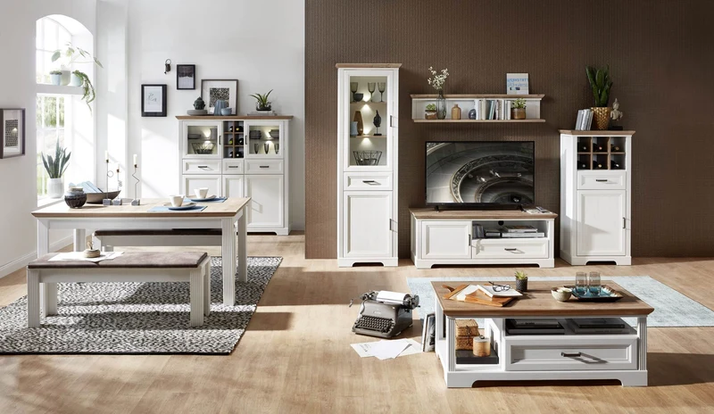 Wohnzimmerschrank JASMIN UH81 4-tlg. Pinie weiß im Landhausstil