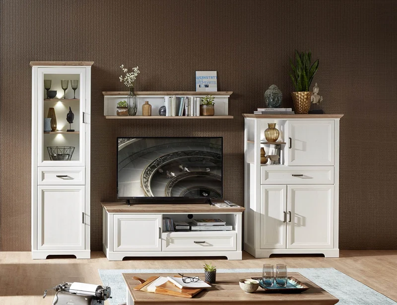 Wohnzimmerschrank JASMIN UH80 4-tlg. Pinie weiß im Landhausstil